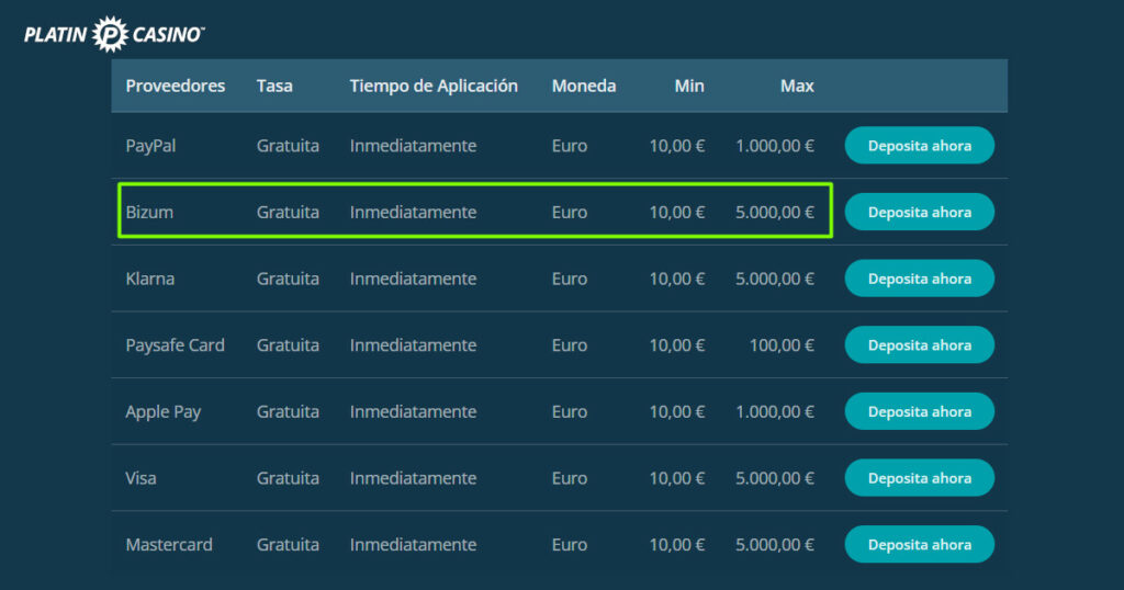 platincasino ofrece bizum entre sus metodos de pago