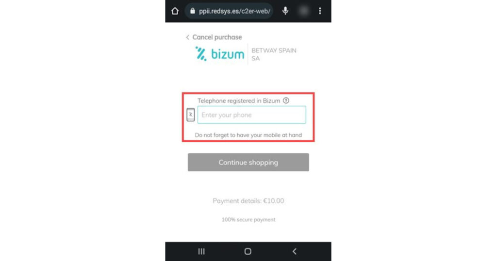 Formulario de número de teléfono para Bizum